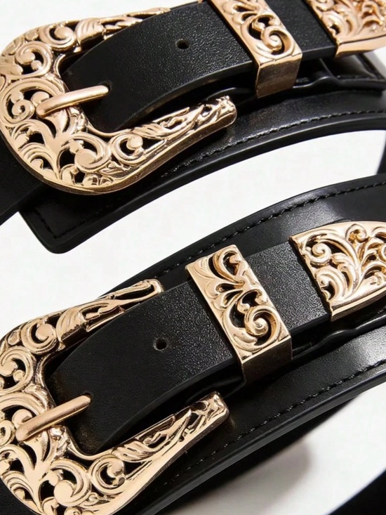 Western Vegan Leather Gold Tone Double Buckle Stretchy Wide Belt